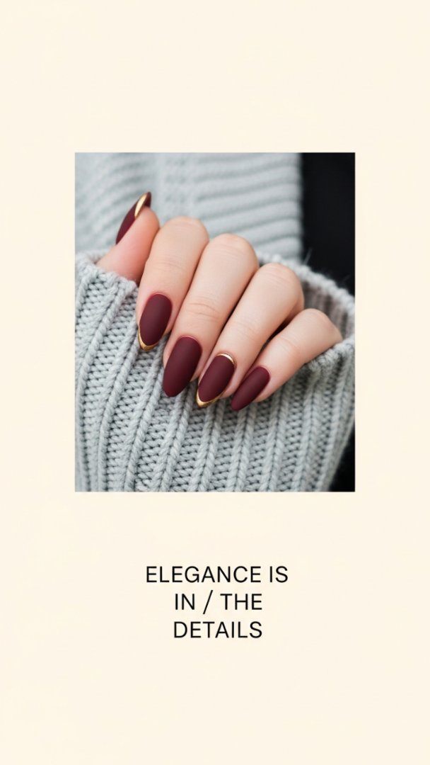 Velvet Matte Burgundy Almond Nails with Gold Cuticle Halo