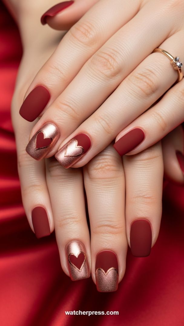 Velvet Romance: Matte Crimson Nails with Shimmering Rose Gold Heart Cut-Outs