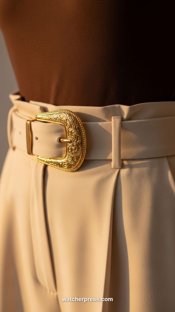 Western Luxe: High-Waisted Beige Trousers Anchored by a Regal Engraved Gold Buckle