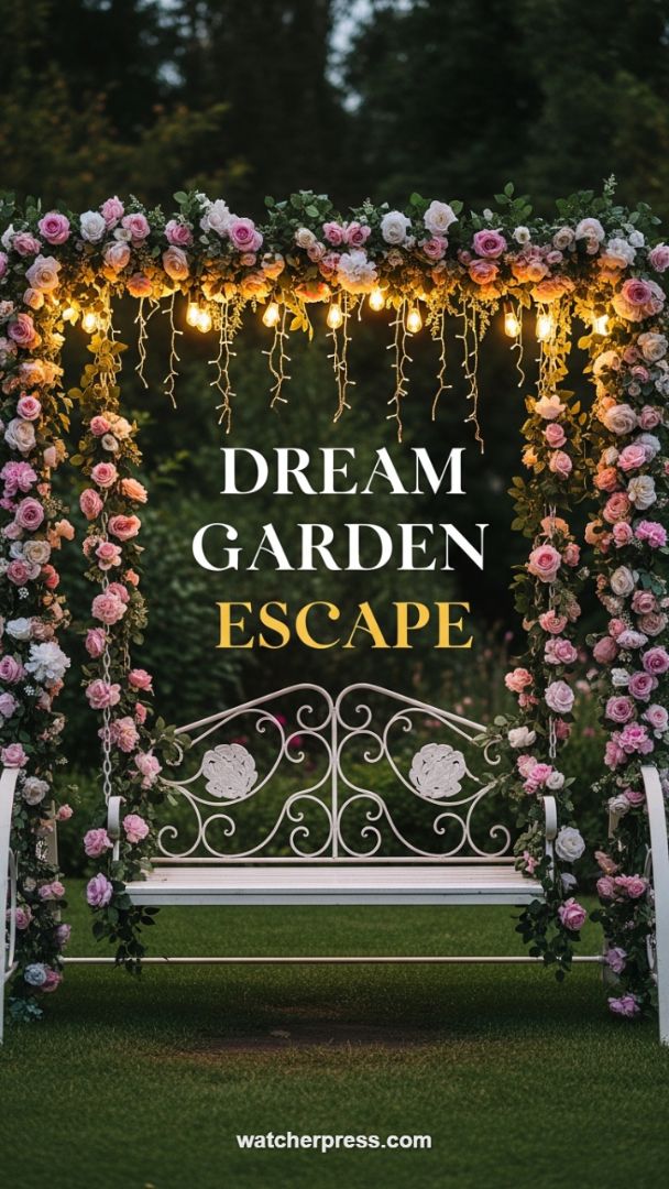 Whimsical Romance: The Floral-Draped Garden Swing Arbor with Ambient Lighting