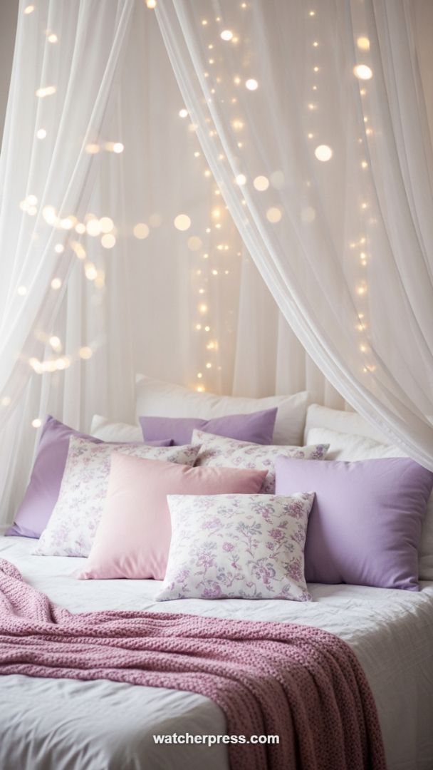 Whimsical Spring Bedroom Retreat: Pastel Accents and Ambient Fairy Lights