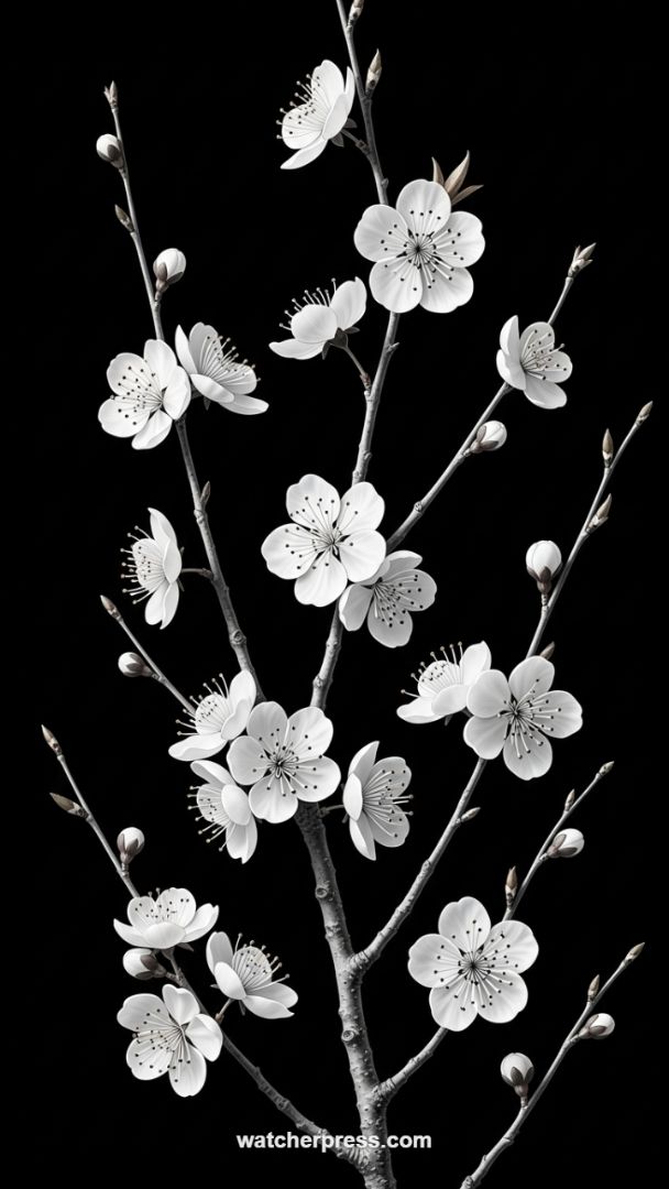 Zen Elegance: Detailed Monochromatic Cherry Blossoms Against a Pure Black Canvas