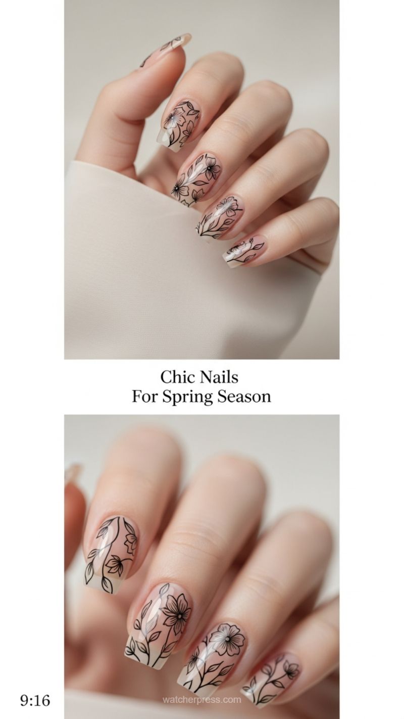 1. Chic Floral Outline Manicure