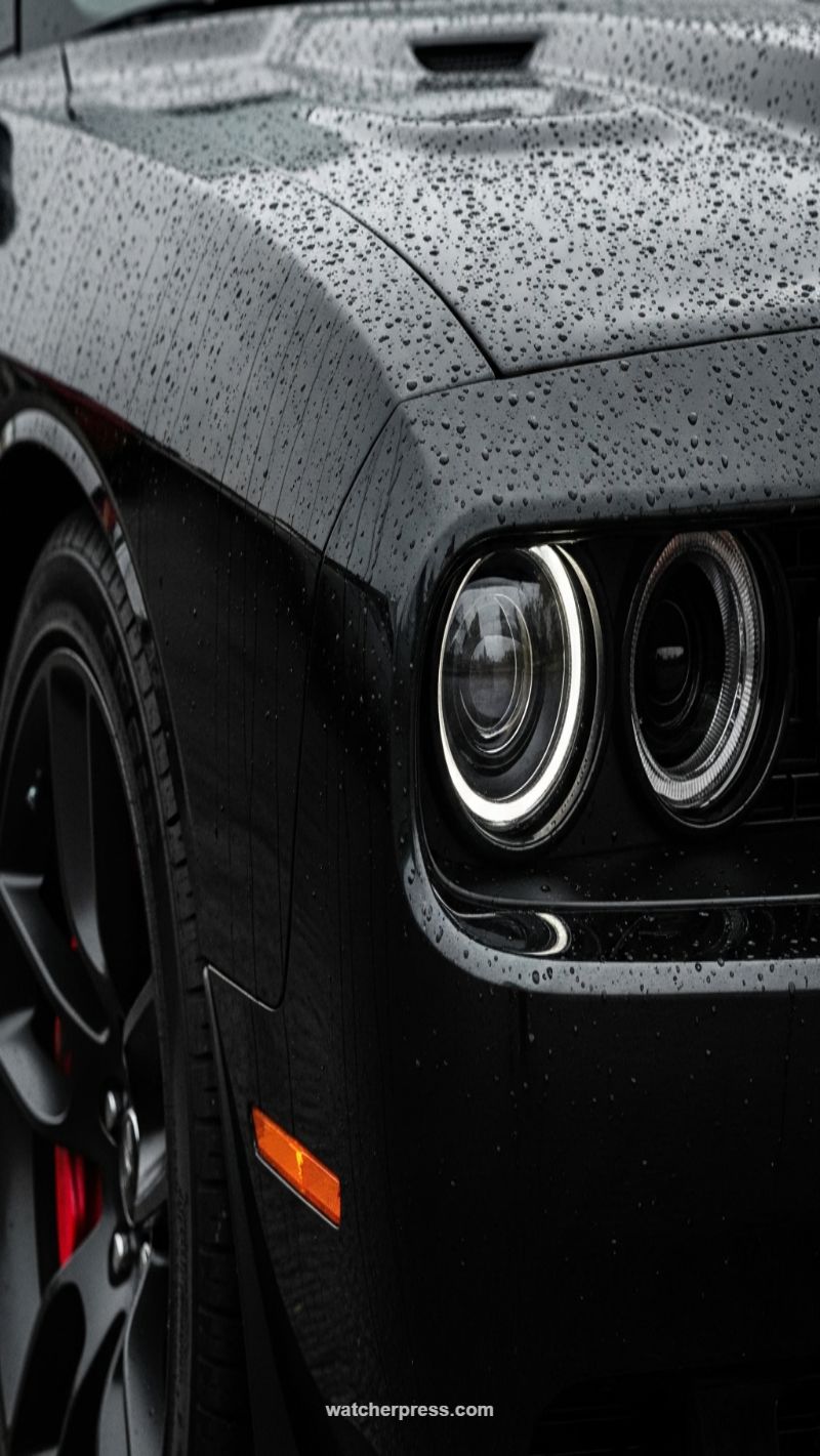 11. Rainy Black Muscle Car Front End
