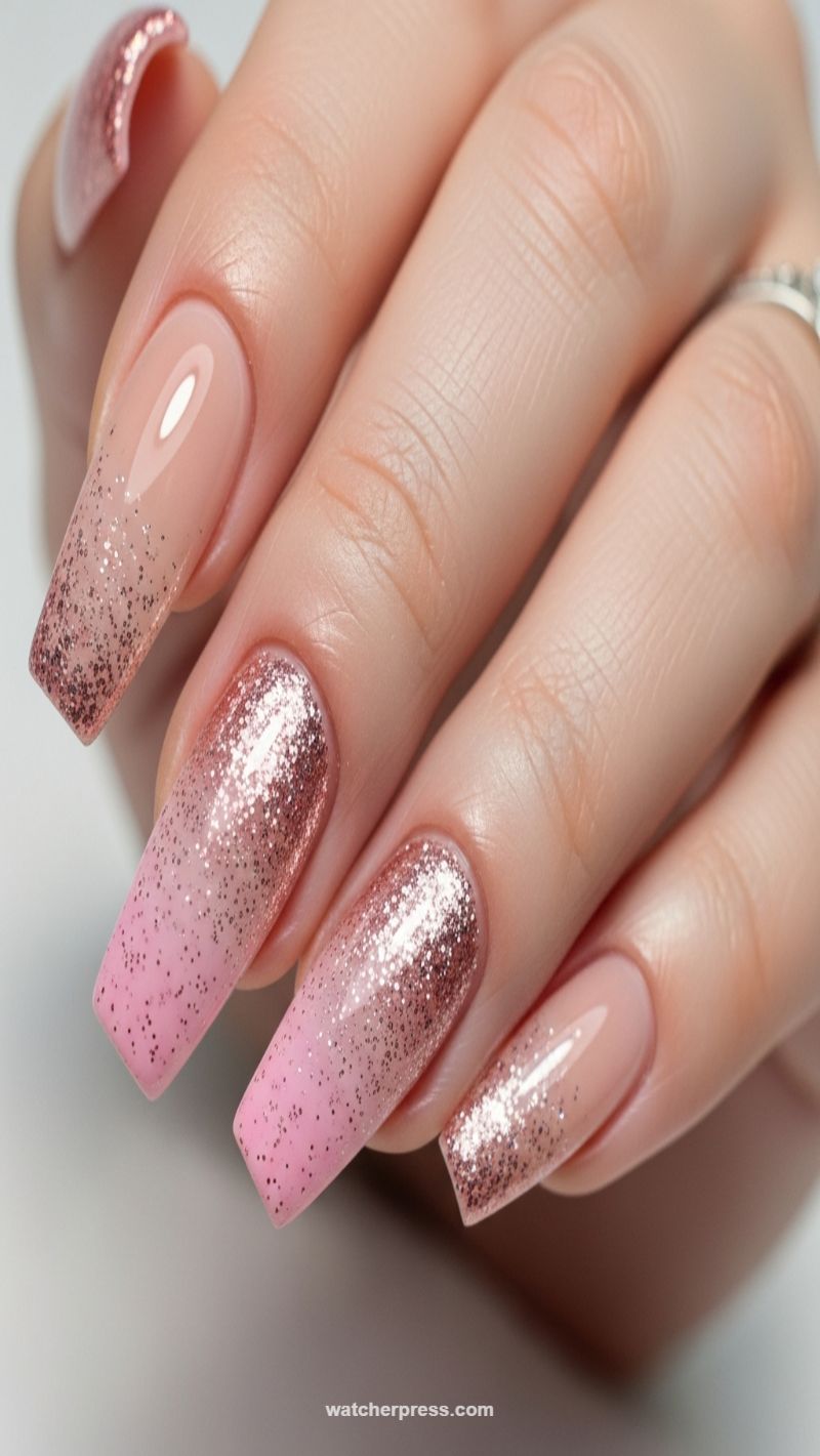 11. Rose Gold Glitter Ombre Coffin Manicure