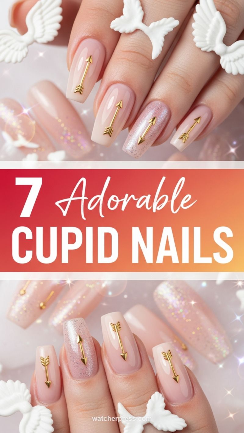 12. 7 Adorable Cupid Nails: Gold Arrows and Soft Shimmer