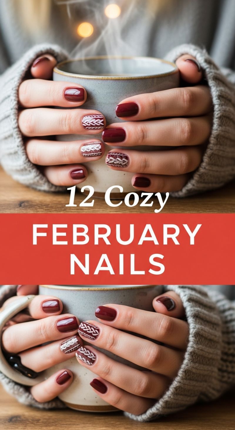 12 Cozy February Nails: The Textured Cable-Knit & Burgundy Look