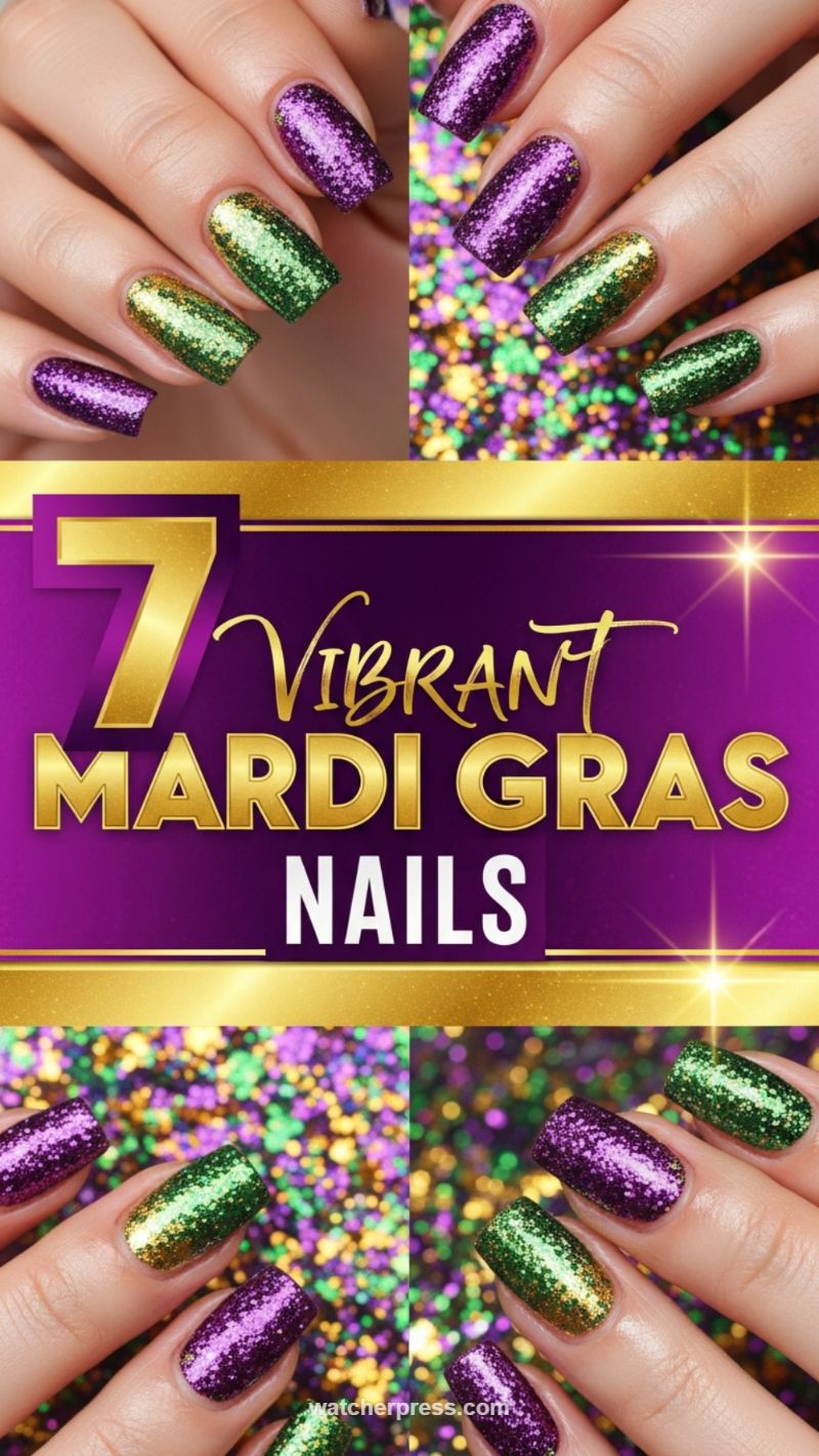 12. Vibrant Mardi Gras Glitter Manicures