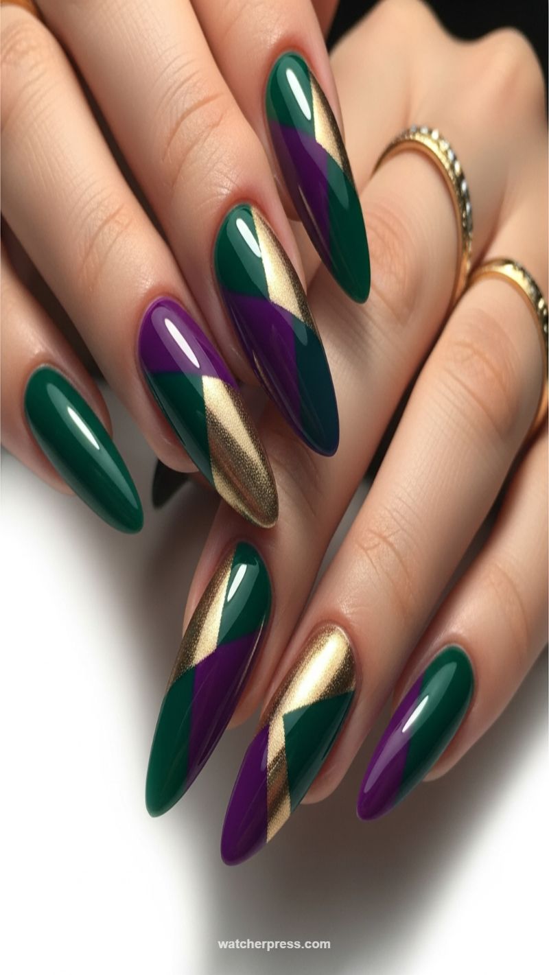 13. Emerald, Purple, and Gold Color-Blocked Stilettos