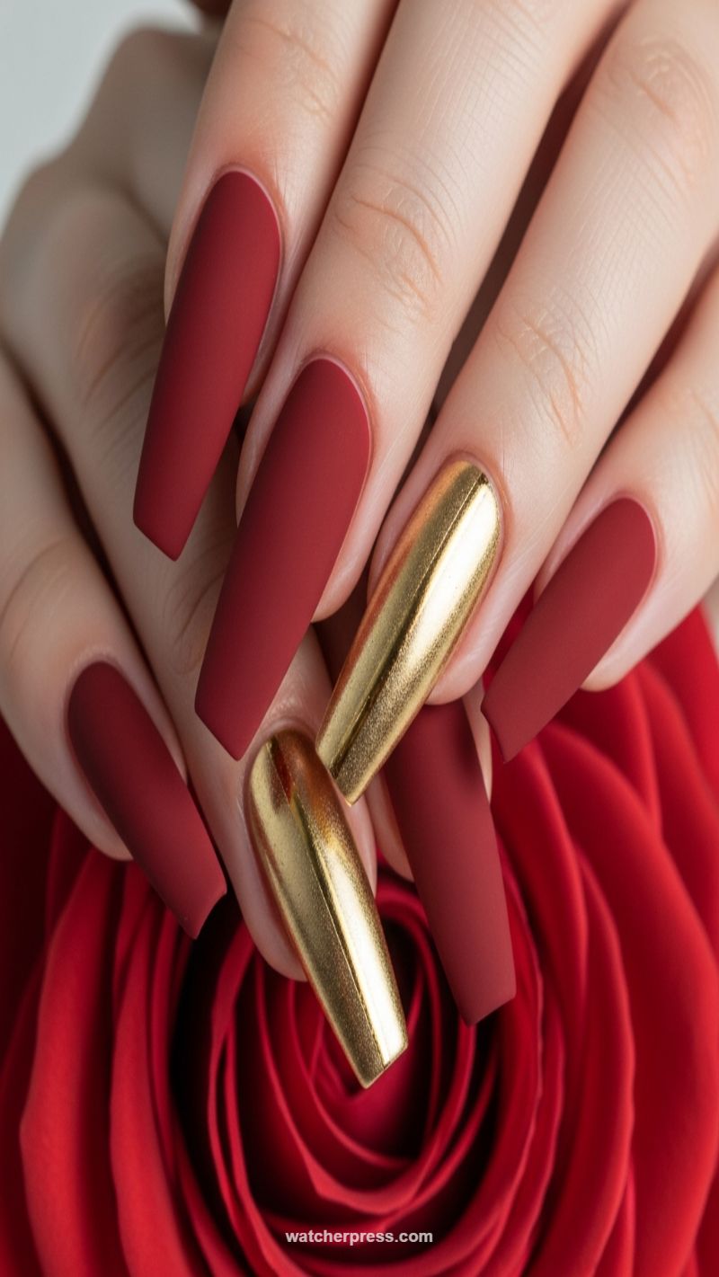 14. Deep Red Matte & Gold Chrome Duet