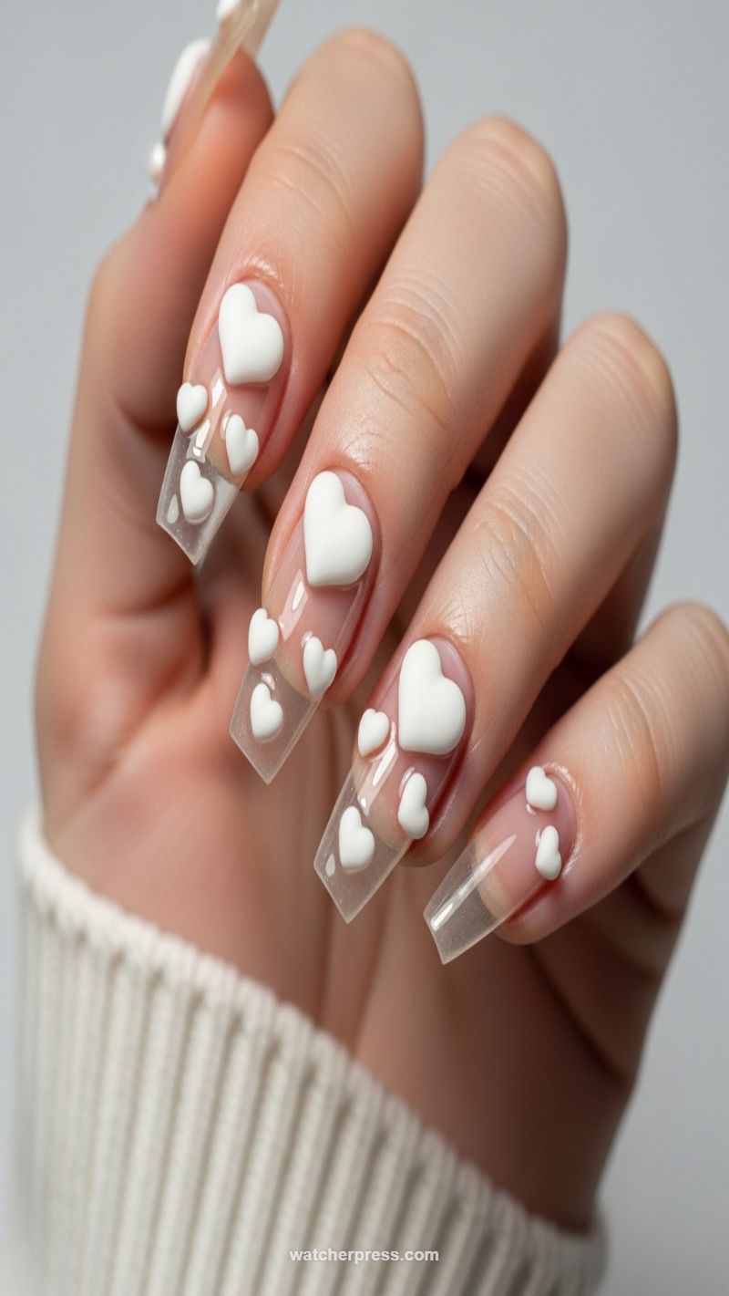 14. Floating 3D White Hearts on Clear Base