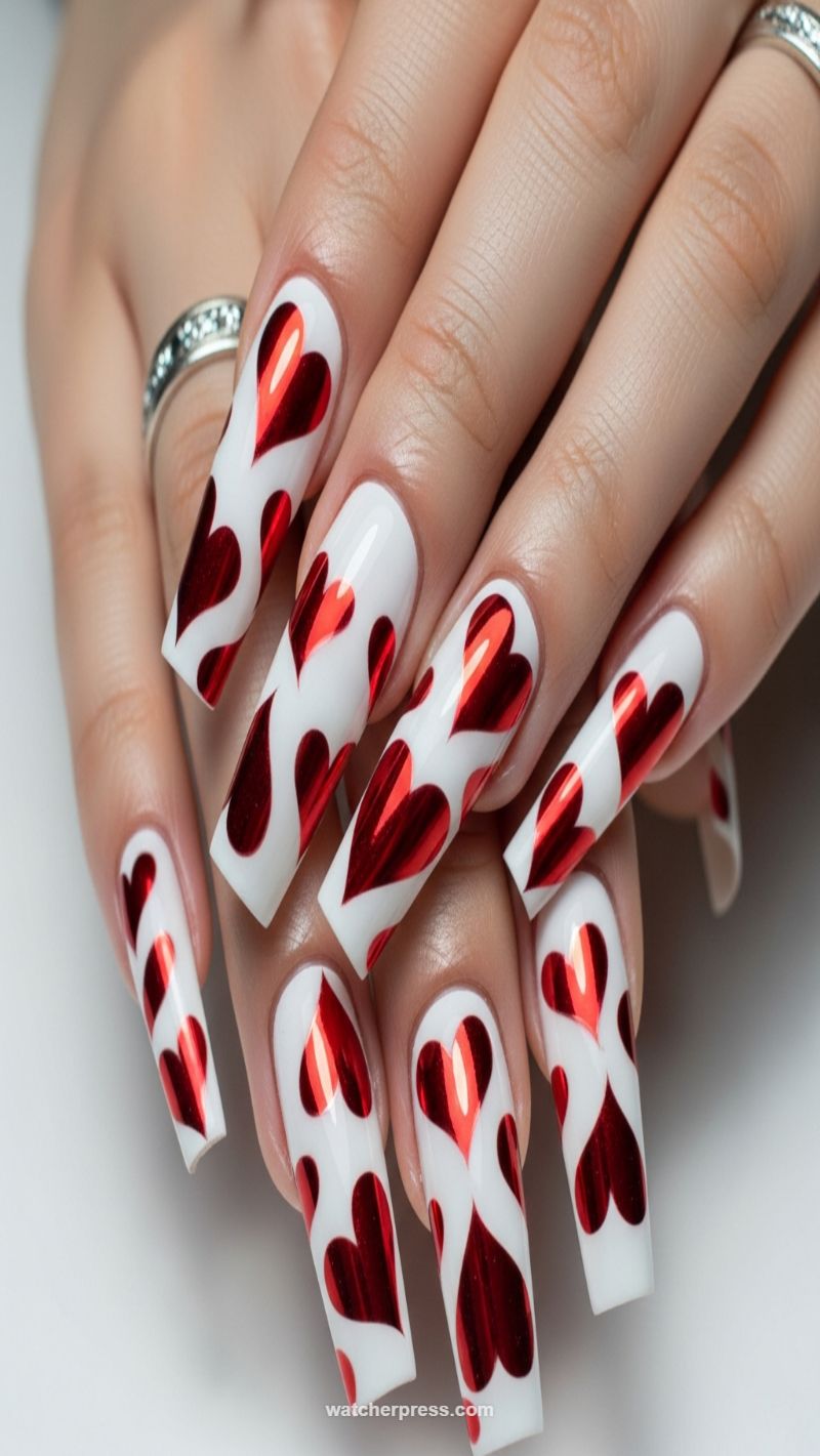 15. Metallic Red Foil Hearts on White