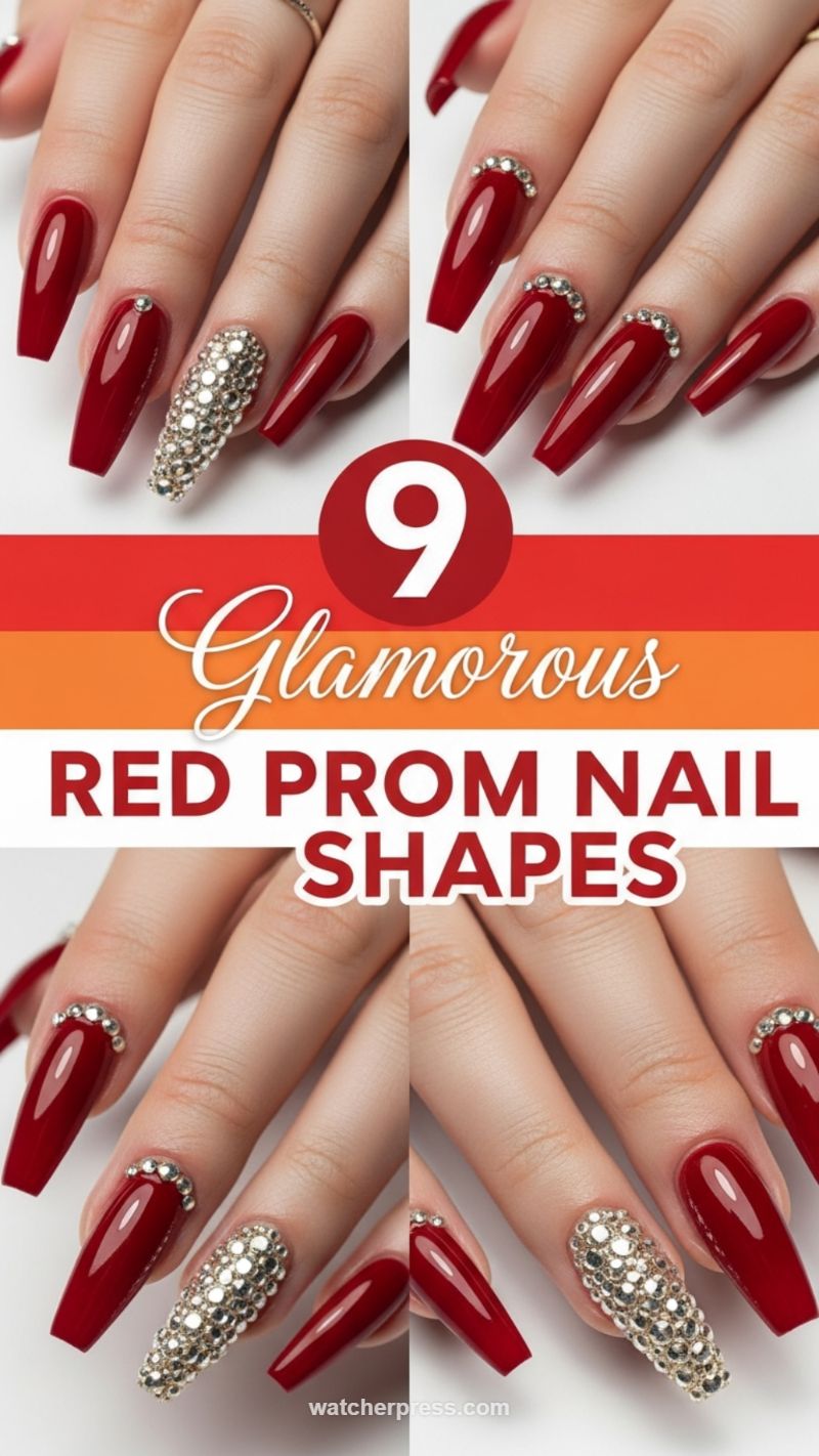 16. 9 Glamorous Red Prom Nail Shapes: Rhinestone Accents