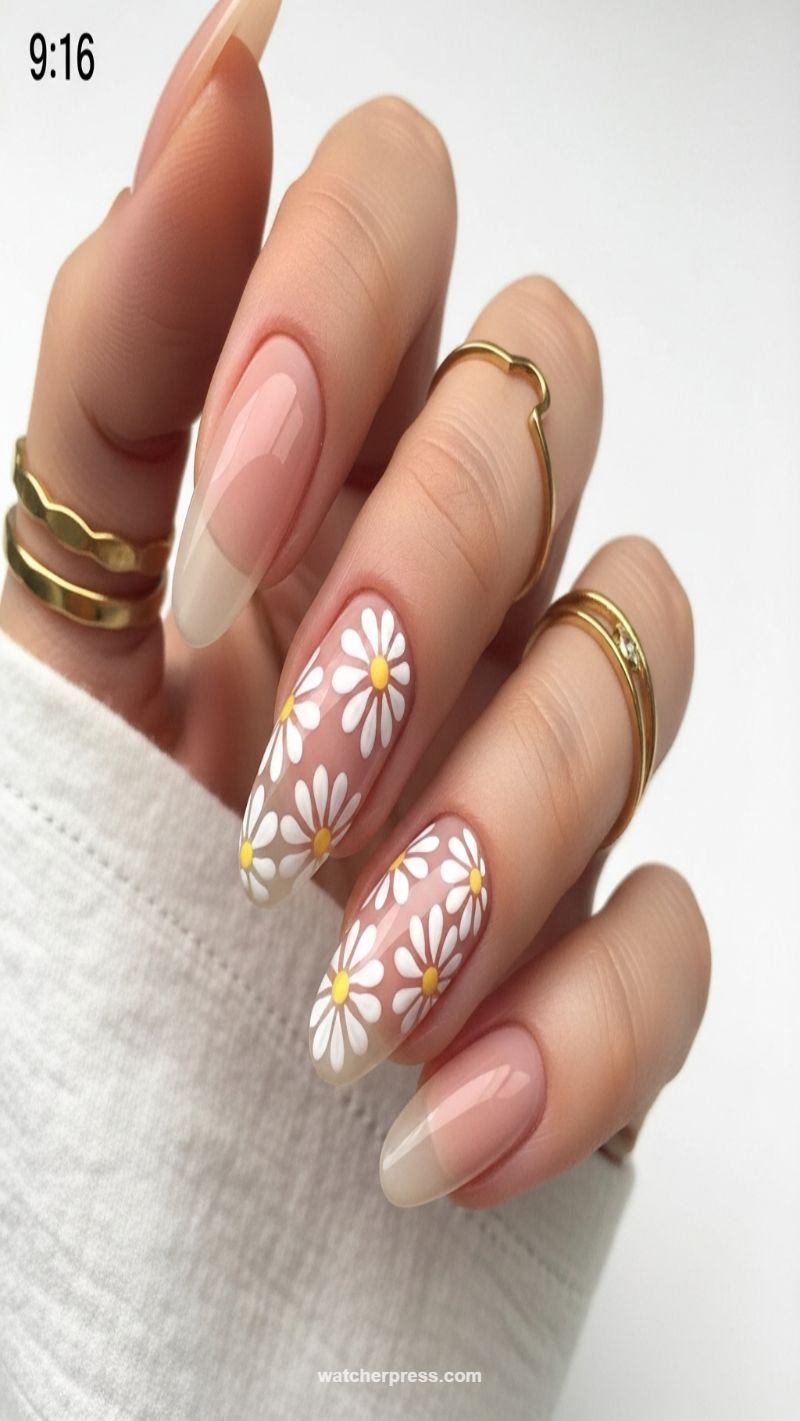 16. Nude French with Sweet Daisy Flower Accents
