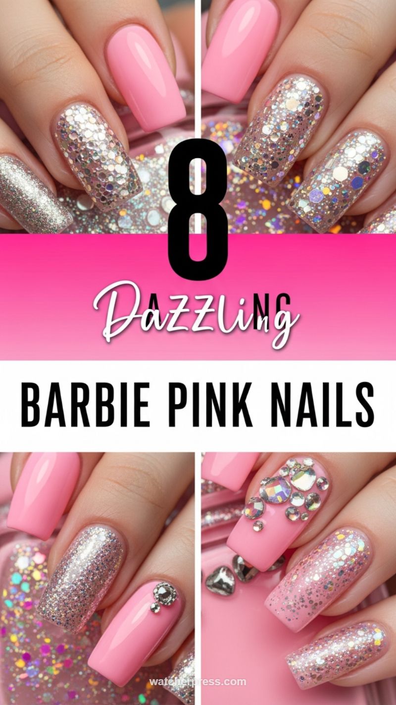 17. Dazzling Barbie Pink and Glitter Nails
