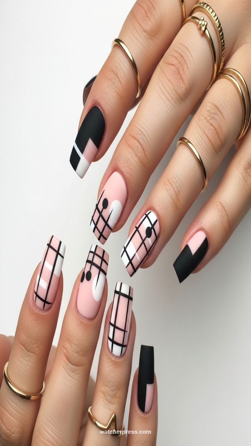 17. Matte Plaid and Abstract Block Manicure