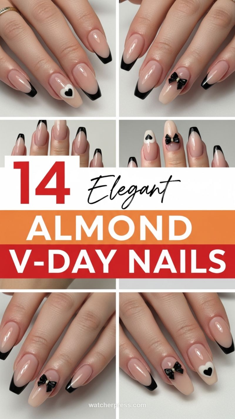 19. 14 Elegant Almond V-Day Nails: Black French Tips and Bows