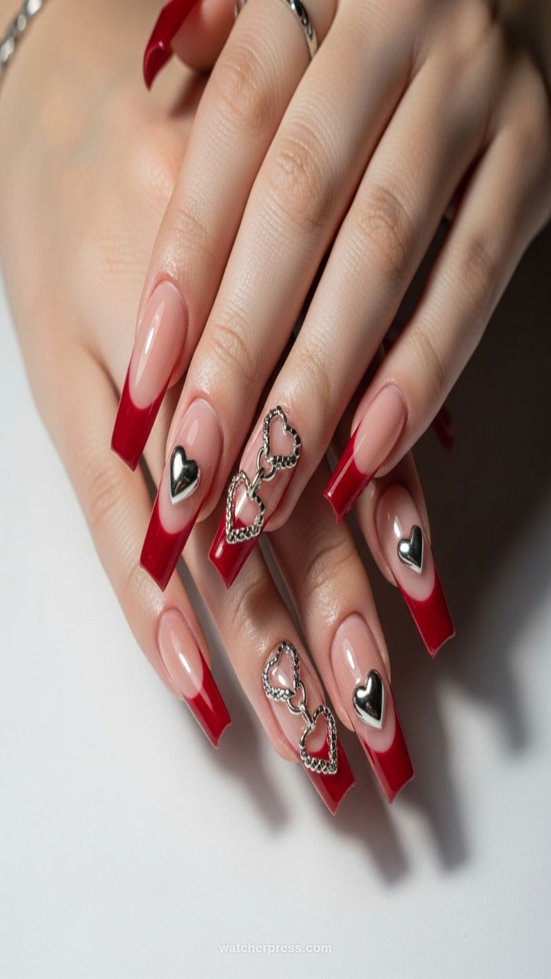 2. High-Gloss Red French with Heart Charms