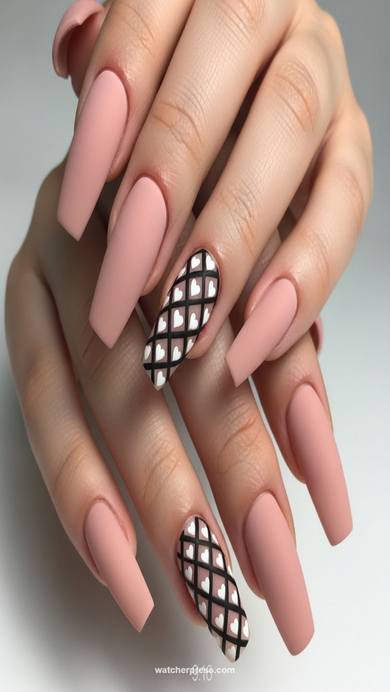 2. Matte Nude Coffin with Heart Lattice Accent