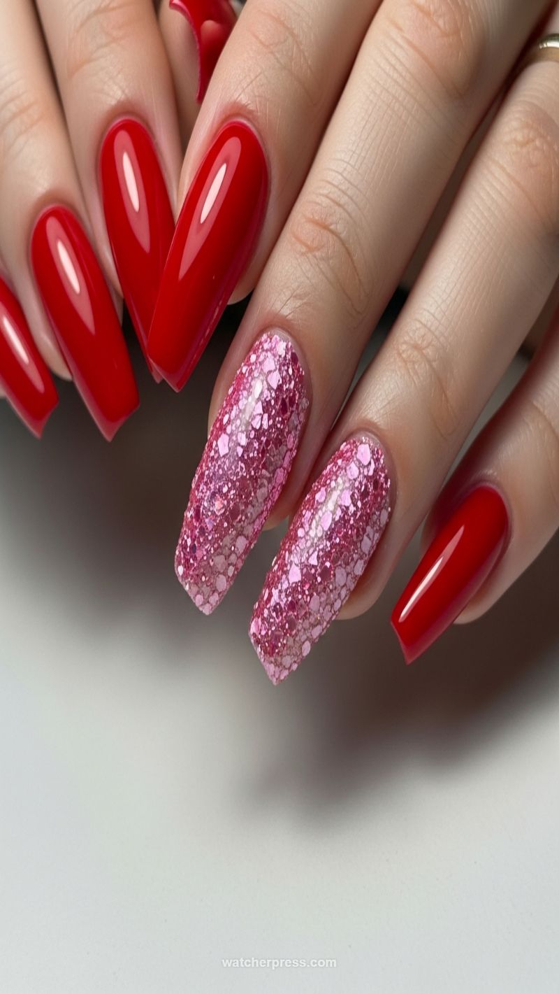20. Red Crème and Pink Glitter Contrast
