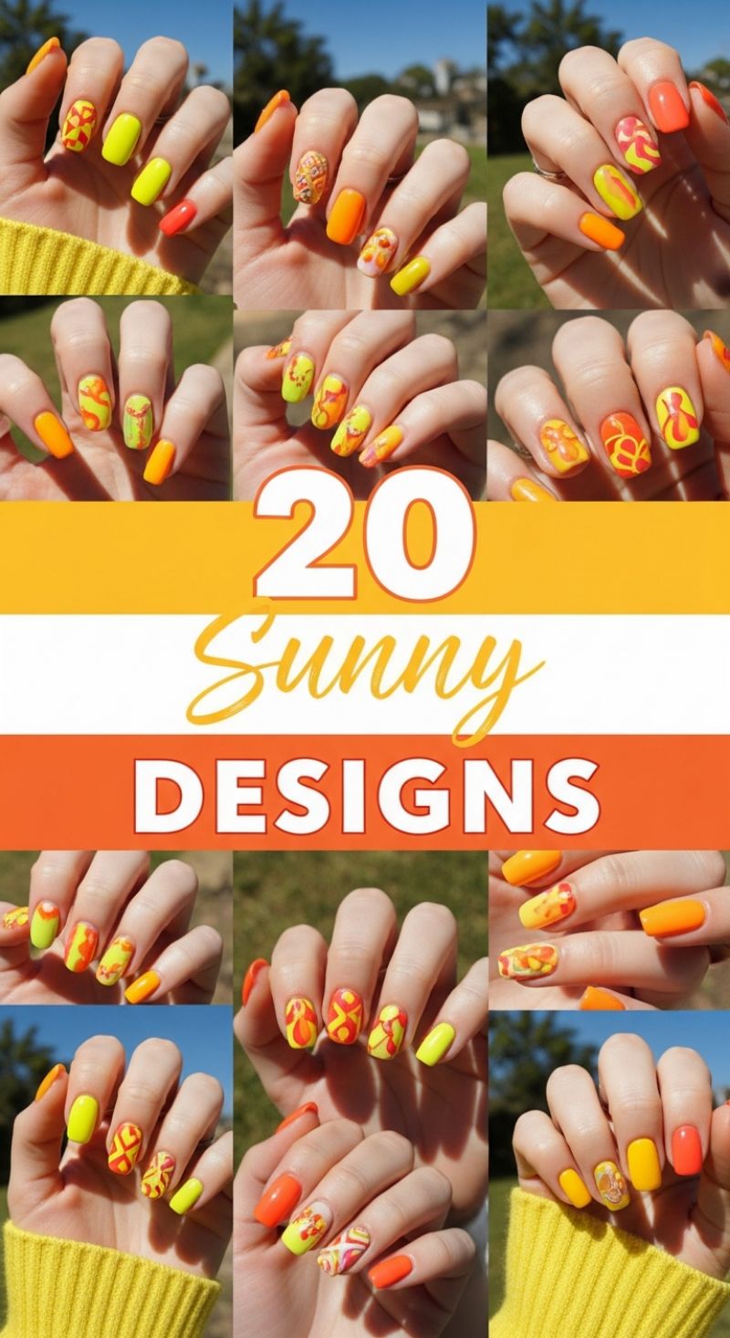 20 Sunny Abstract Designs: Mastering Neon Yellow and Orange Nail Art
