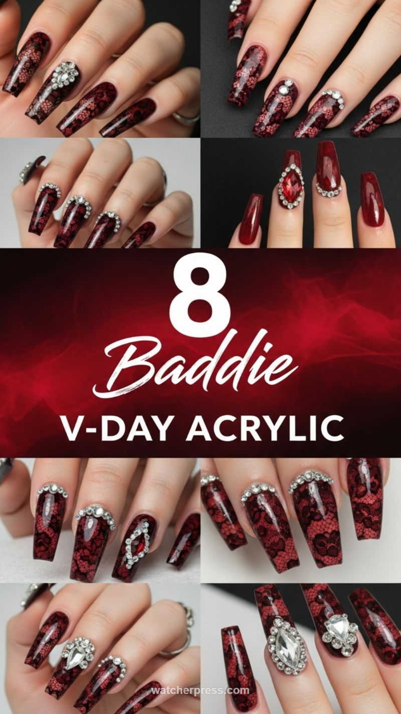 3. Baddie Red Lace and Gemstone Acrylics