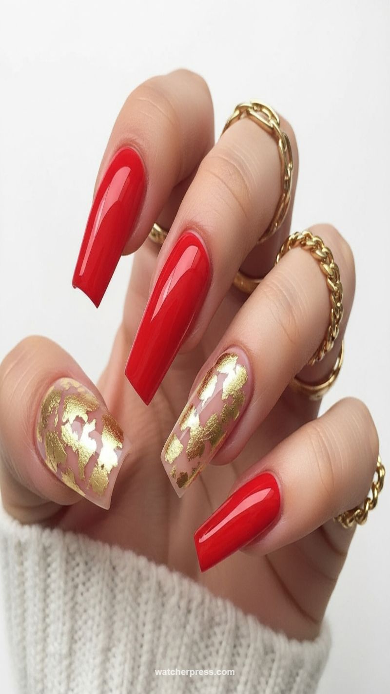 3. Glossy Red Coffin with Luxurious Gold Foil Accents