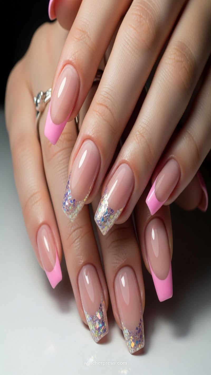 3. Pink French Tips with Holographic Glitter Accent