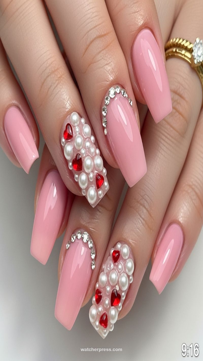 3D Pearl and Red Heart Cluster Embellishment