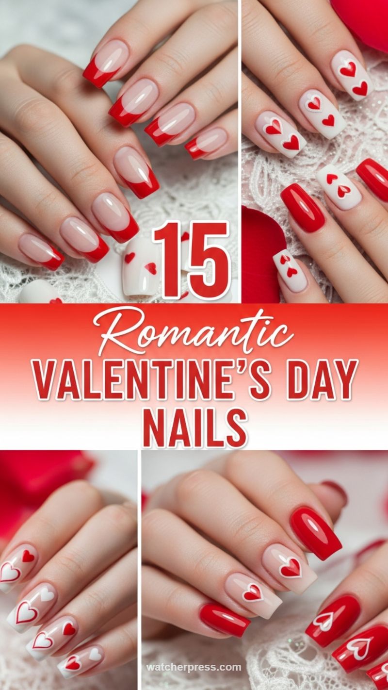 4. Romantic Red French Tips and Heart Designs