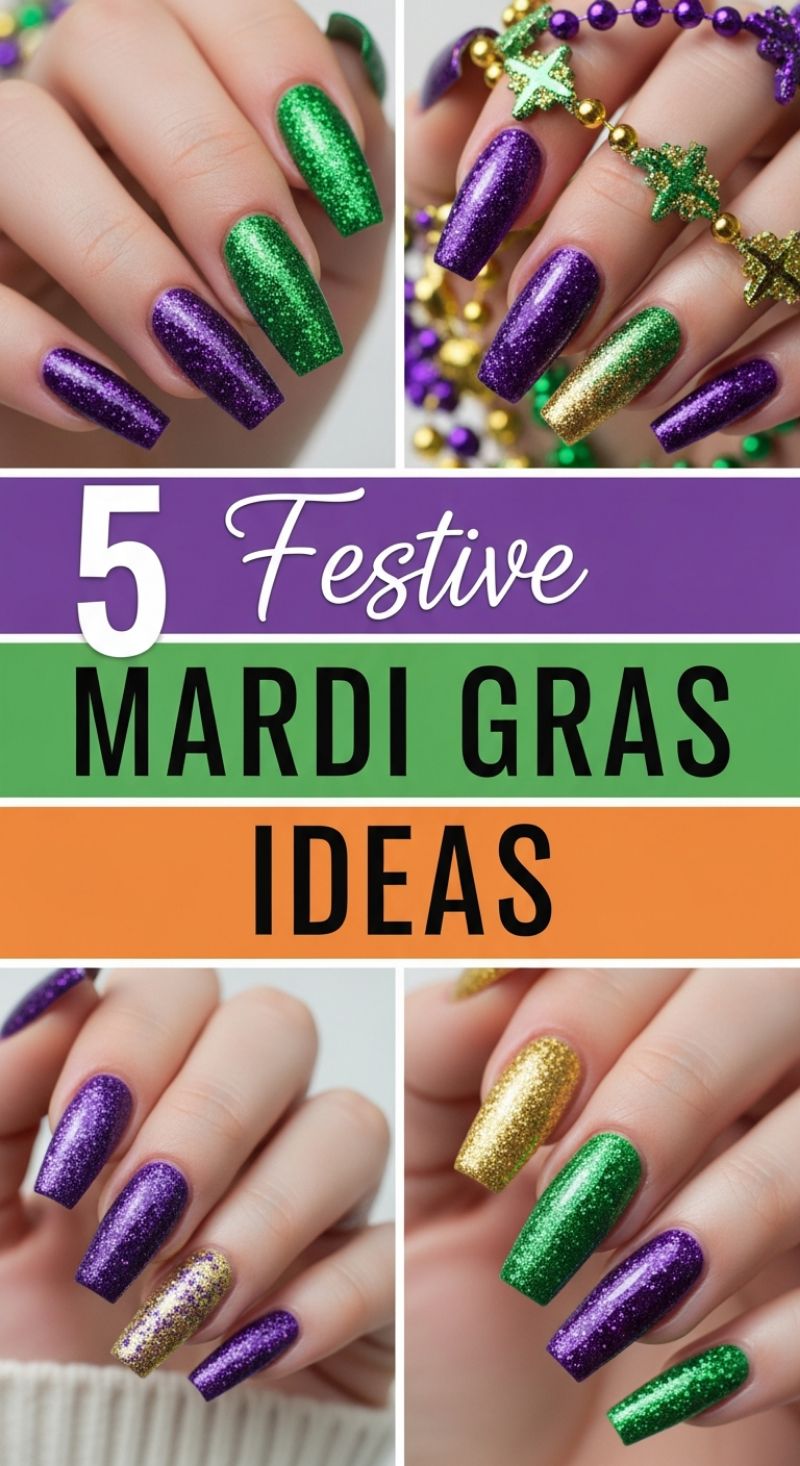 5 Festive Mardi Gras Nail Ideas (Purple, Green, and Gold Glitter)