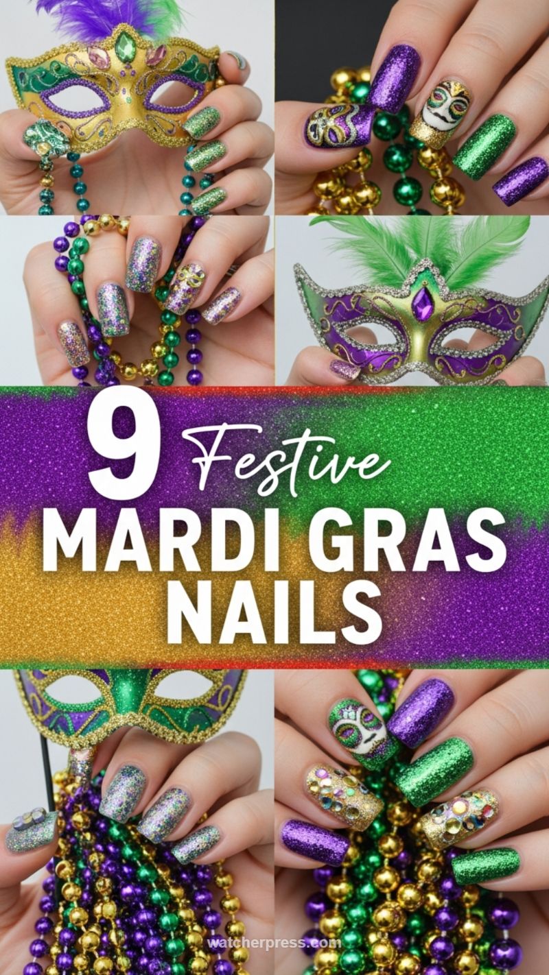 6. Festive Mardi Gras Glitter and Jewel Nails