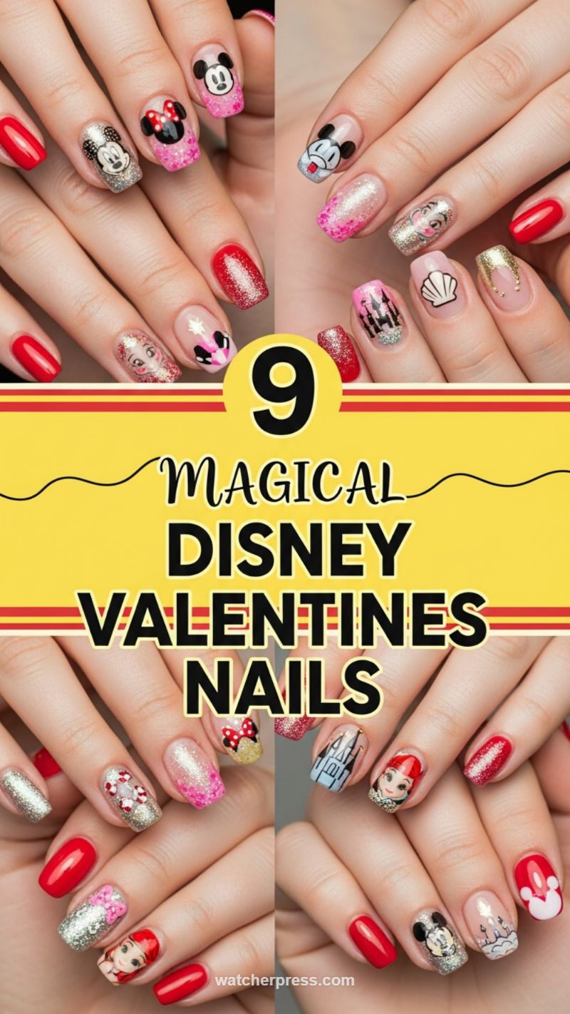 6. Magical Disney-Themed Valentine’s Nails