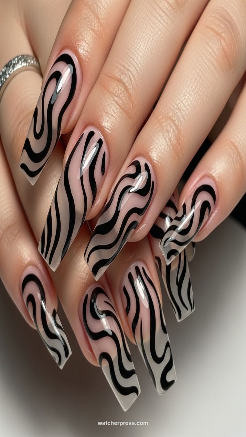 6. Psychedelic Black Swirls on Clear Nails