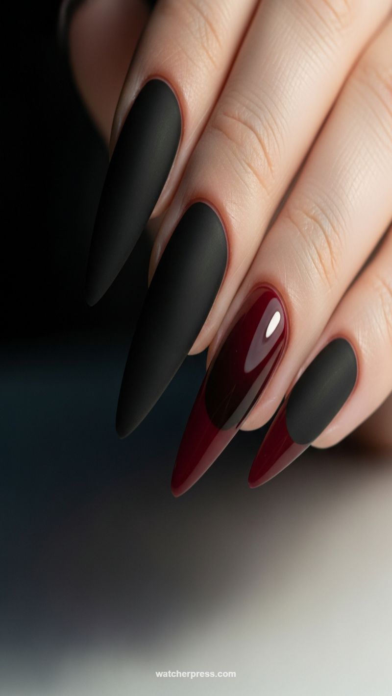 7. Matte Black and Maroon Negative Space Stilettos