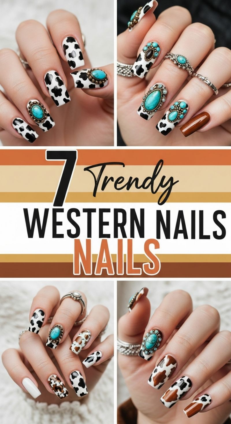7 Trendy Western Nail Designs (Cowhide & Turquoise Accents)