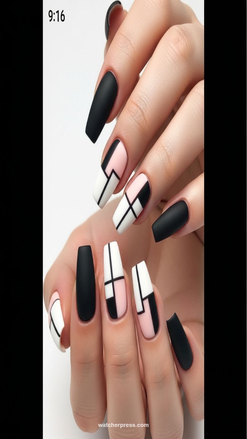 8. Modern Geometric Matte Black and Pink Coffin