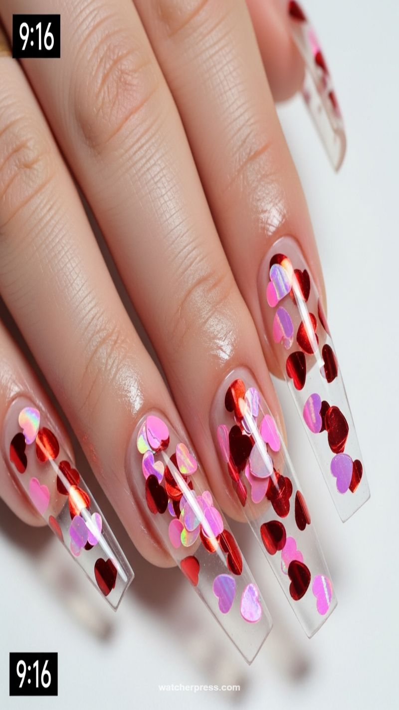 9. Clear Heart Confetti Coffin Nails