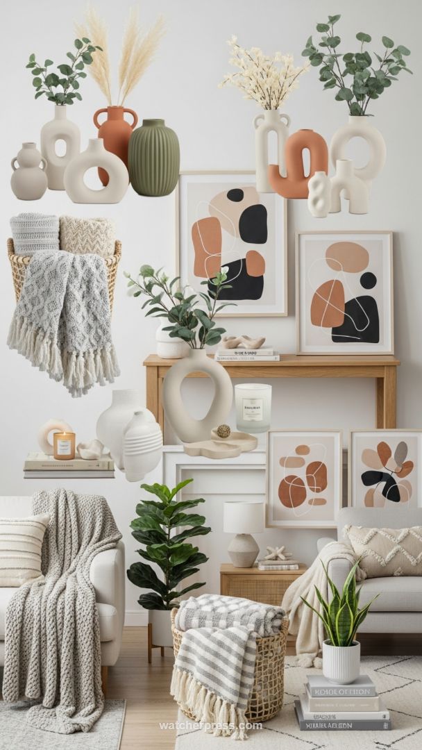 A Curated Study in Texture: Modern Abstract Gallery Walls Meet Natural Woven Comfort