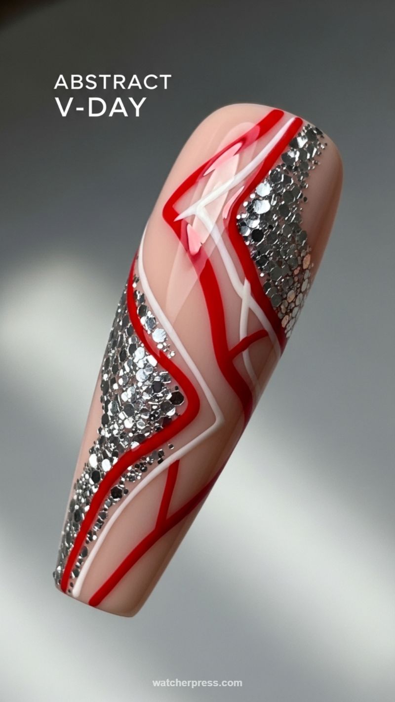 Abstract V-Day Statement Tip with Silver Glitter Waves