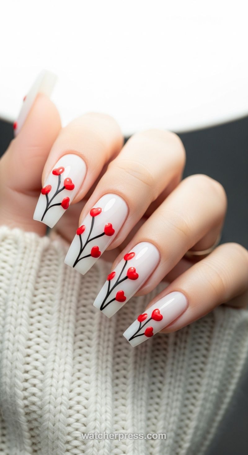 Blooming Love Branch Manicure on Milky White
