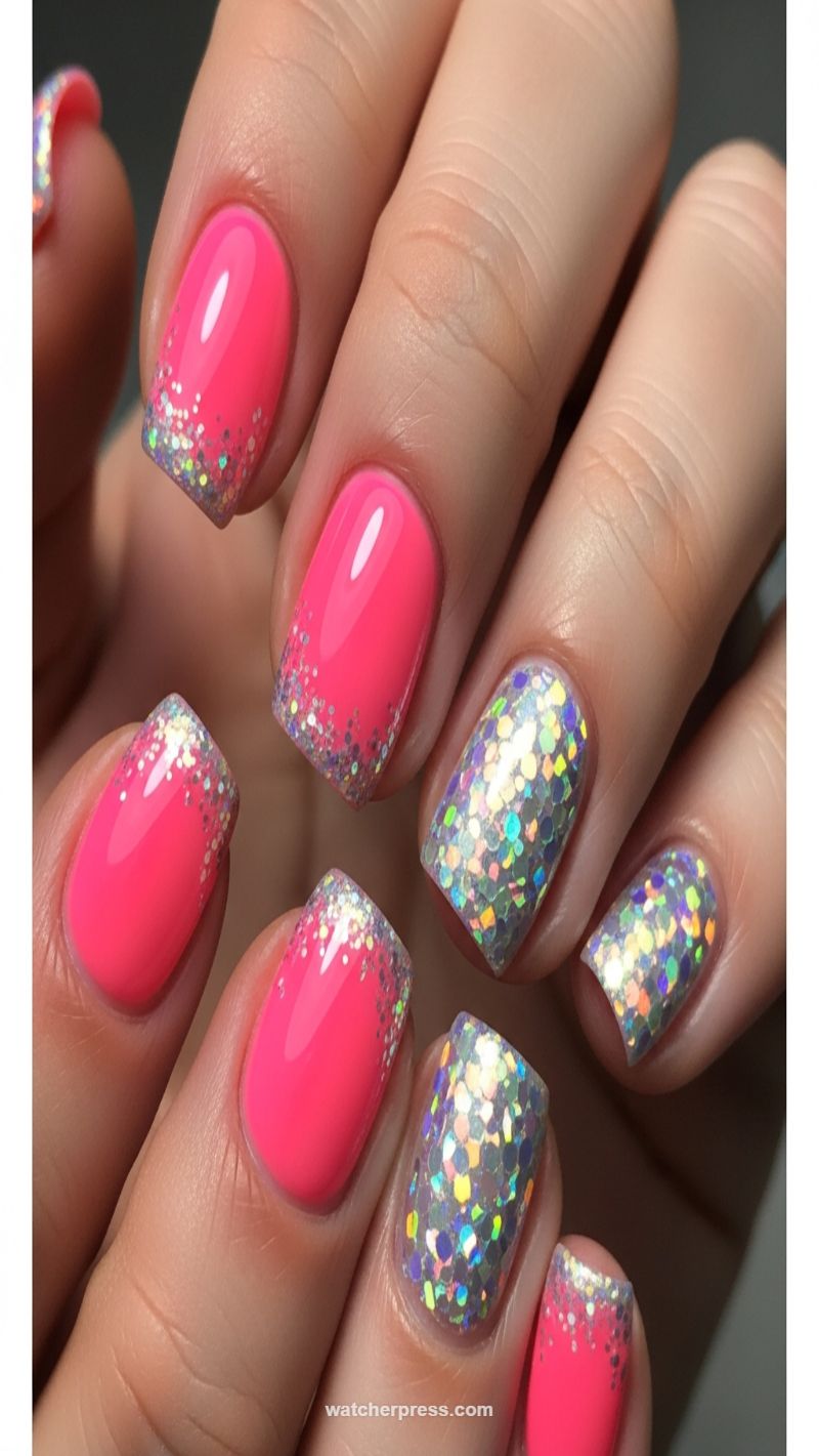 Bright Pink Dip with Holographic Silver Glitter Tips