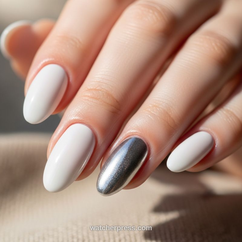 Chic Contrast: Glossy White and Silver Chrome Accent Nails