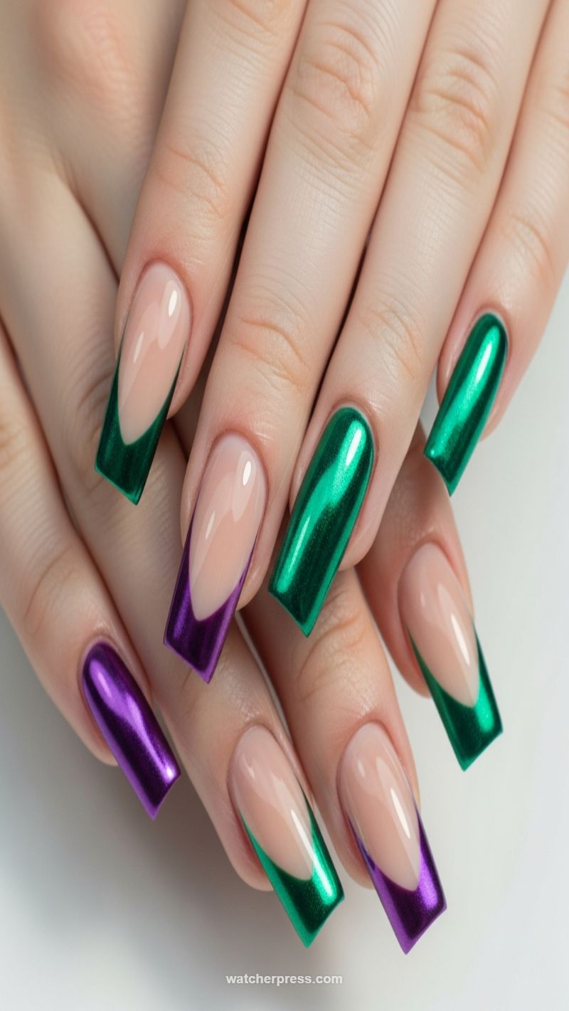 Chrome French Tips: Emerald Green and Majestic Purple
