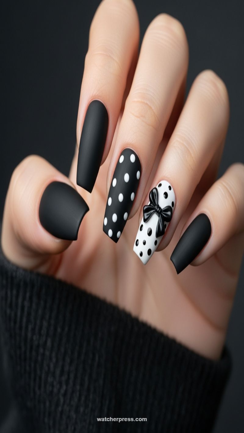 Classic Glam: Matte Black Polka Dots & Bow