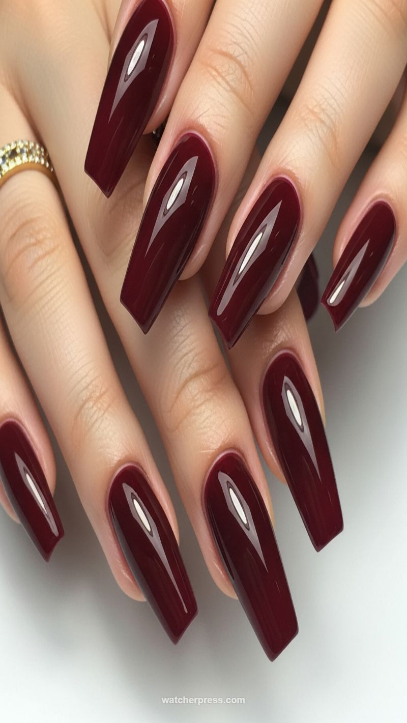 Classic High-Gloss Deep Maroon Coffin Nails