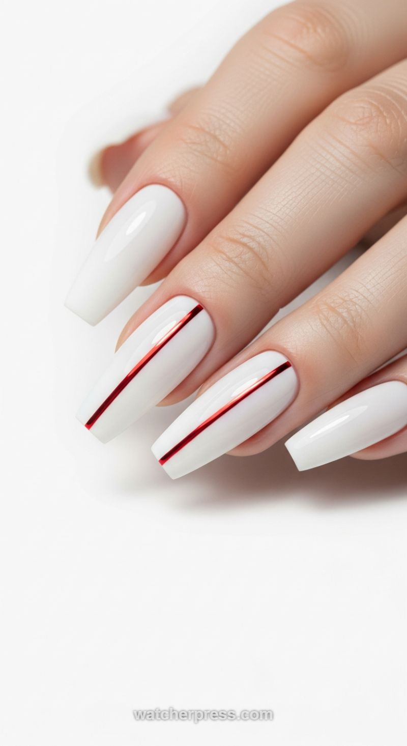 Crisp White Coffin Nails with a Ruby Red Vertical Line