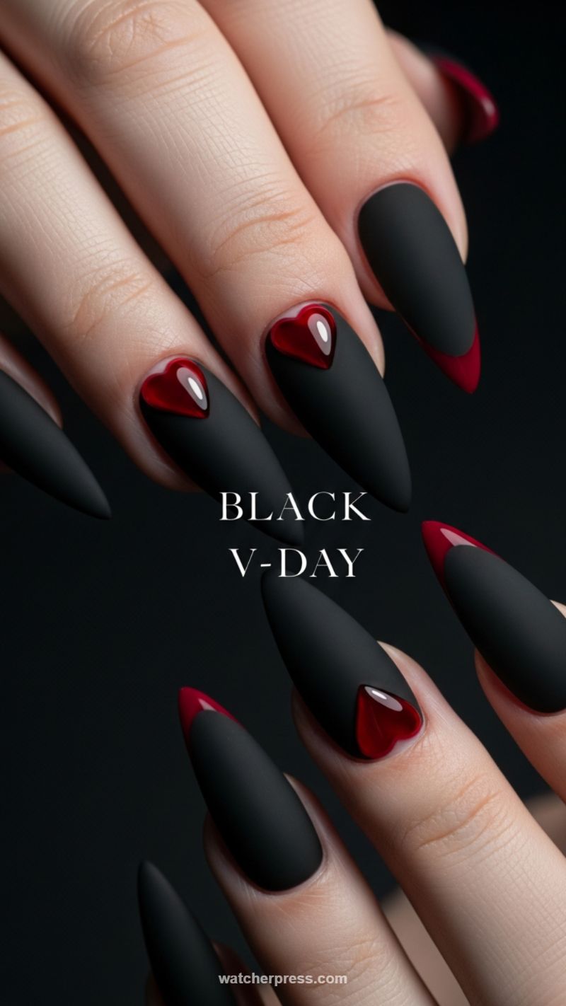 Dark Romance: Black Matte Stiletto with 3D Red Heart Gems