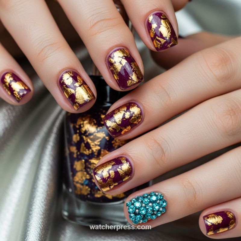 Deep Romance: Gold Leaf and Teal Gemstone Accent