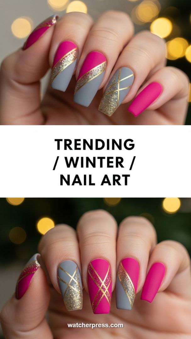 Diagonal Glamour: Matte Fuchsia and Slate Gray Nails with Geometric Gold Accents
